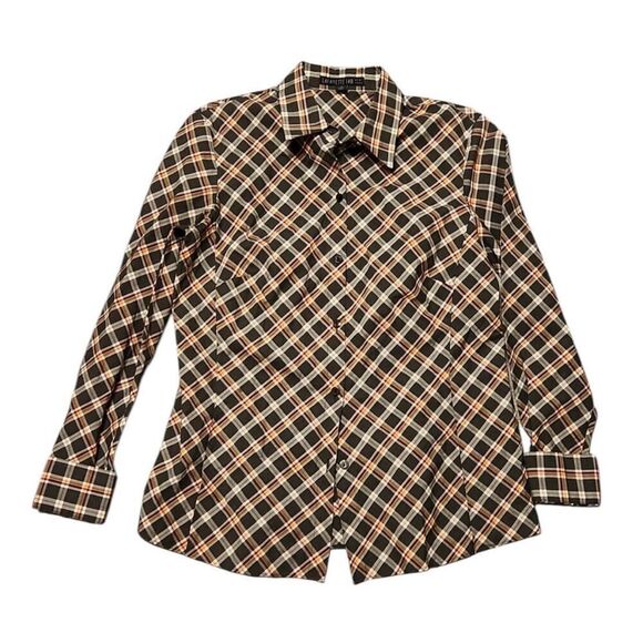 ✨Lafayette 148 - Grey & Orange Plaid Button Down Sz 4✨ - Picture 4 of 7